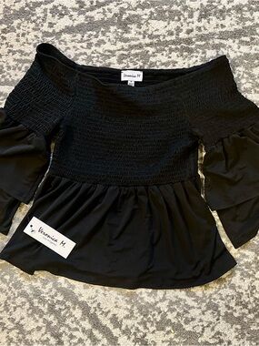Veronica M Black Smocked Top with Peplum Detail